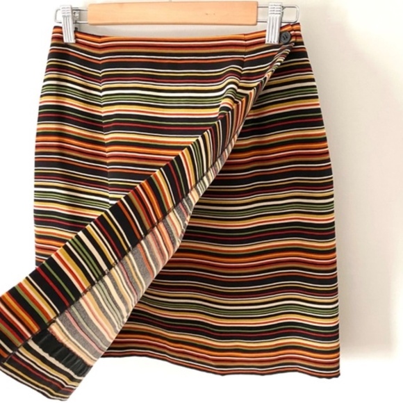 1990’s Silk Jones New York Striped Wrap Mini Skirt, Earthy Colours, Green Orange - Picture 2 of 8